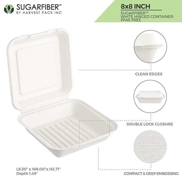 Sugarfiber™ 8x8 inch Square Hinged Container PFAS Free — HAKOWARE